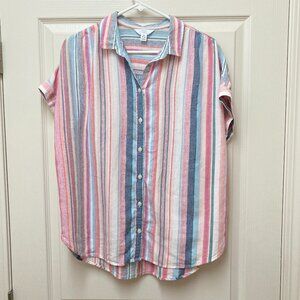 Time and Tru Women's Roll Cuff Shirt Button Up Size M Coral Bell Stripe